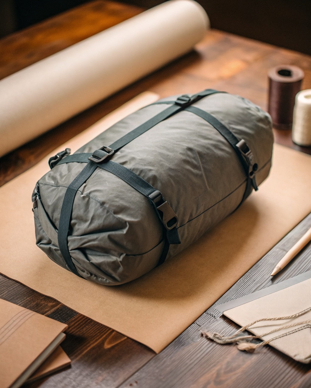 Slate siliconized nylon compression stuff sack shown packed and cinched with four side-release straps drawing the roll-top closed