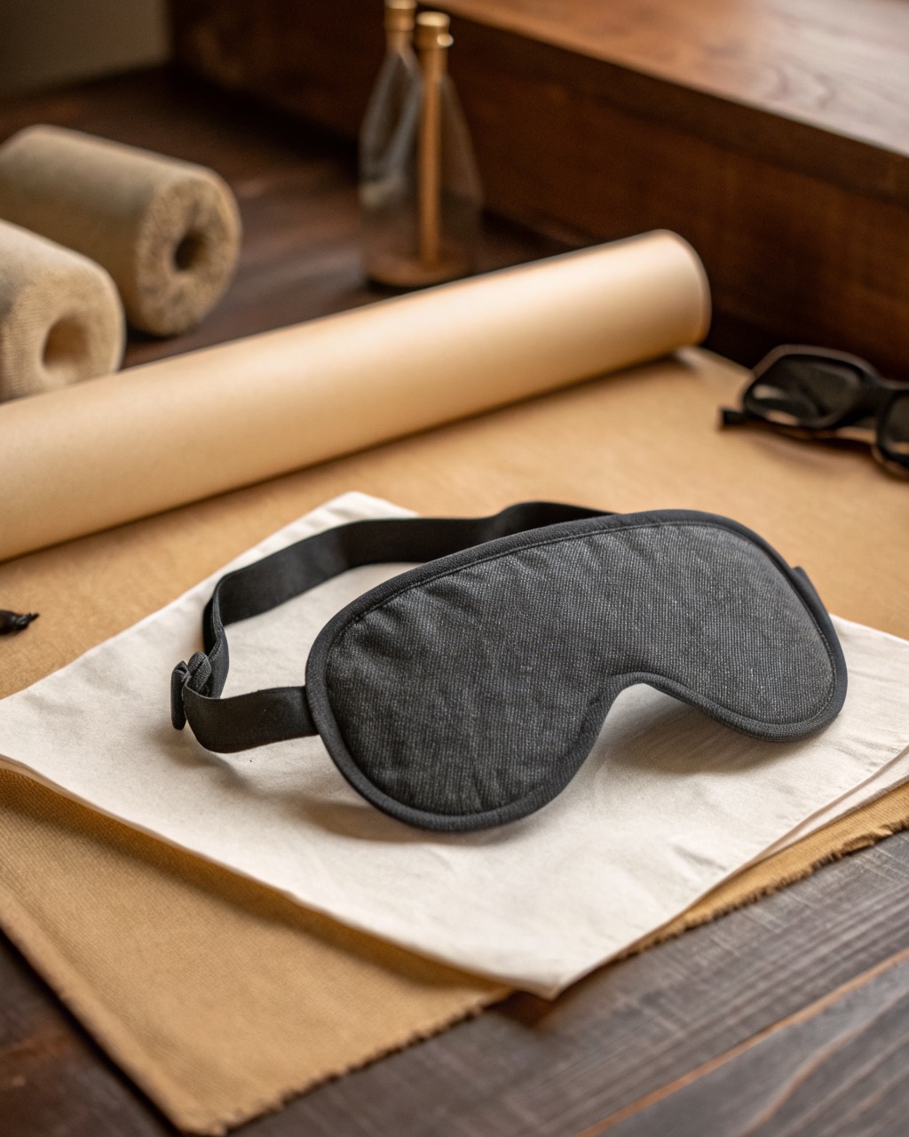Charcoal contoured travel eye mask shown from the front with molded eye cups and an adjustable strap, resting on a plain surface