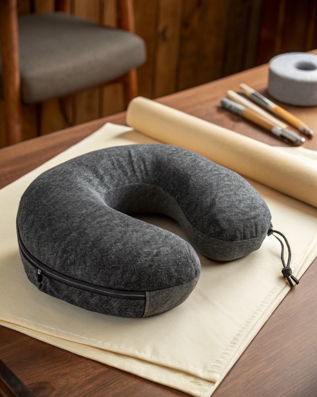 Charcoal brushed-knit memory-foam neck pillow shown from the front in a U shape with a visibly taller rear section and a side zip