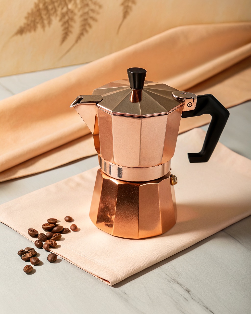 Octagonal copper-plated moka pot with a glossy black bakelite handle, polished reflective surface on a white background