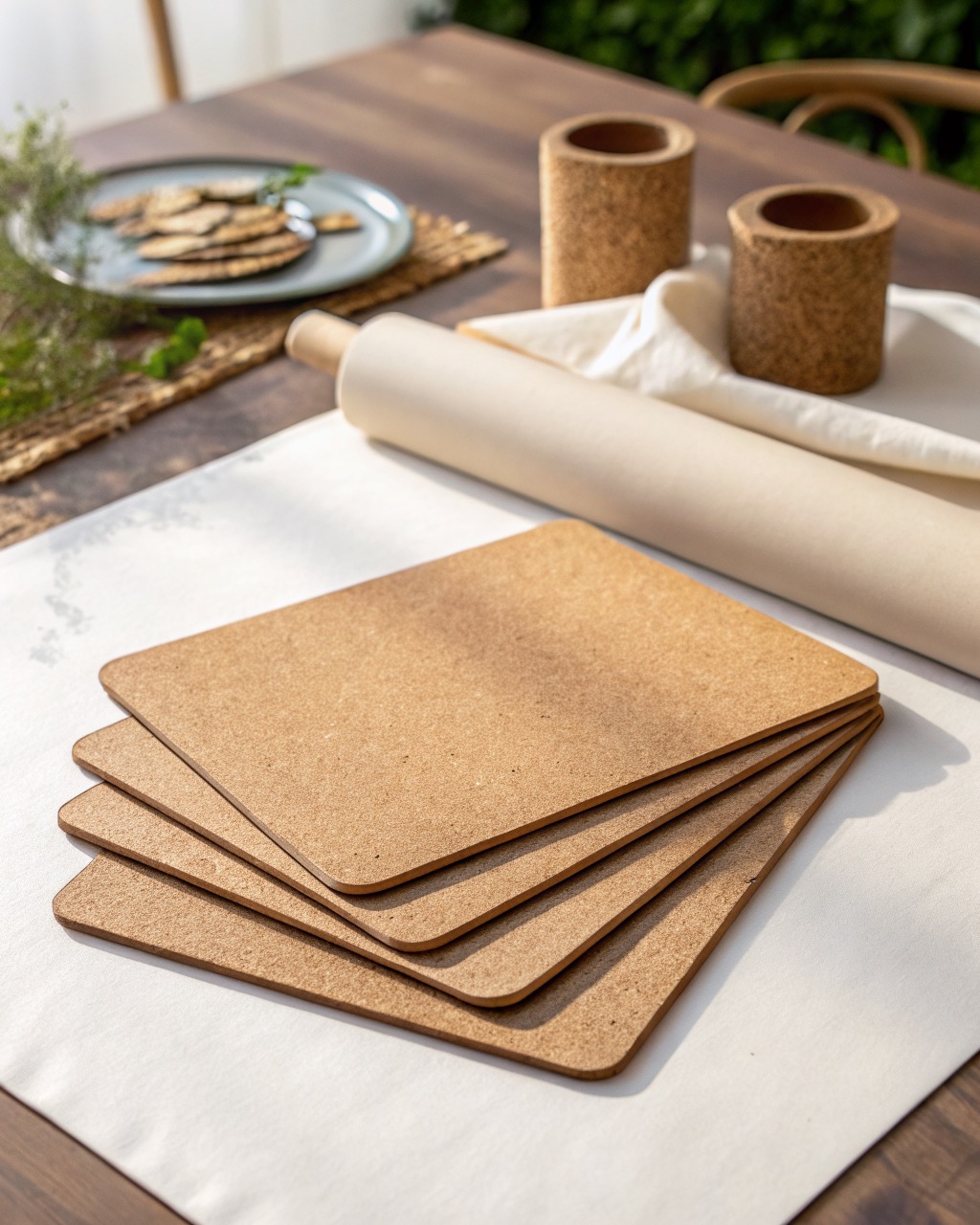 Four rectangular placemats with a smooth top and natural cork backing, stacked with corners fanned on a white background