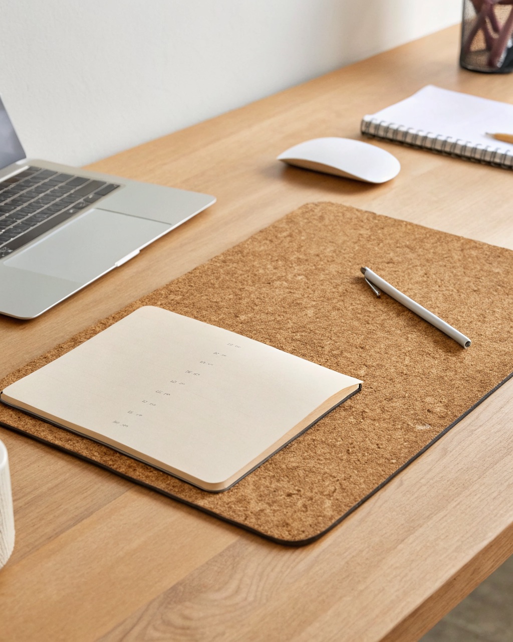 Natural cork desk pad on a wooden desk surface with a pen and notebook resting on it
