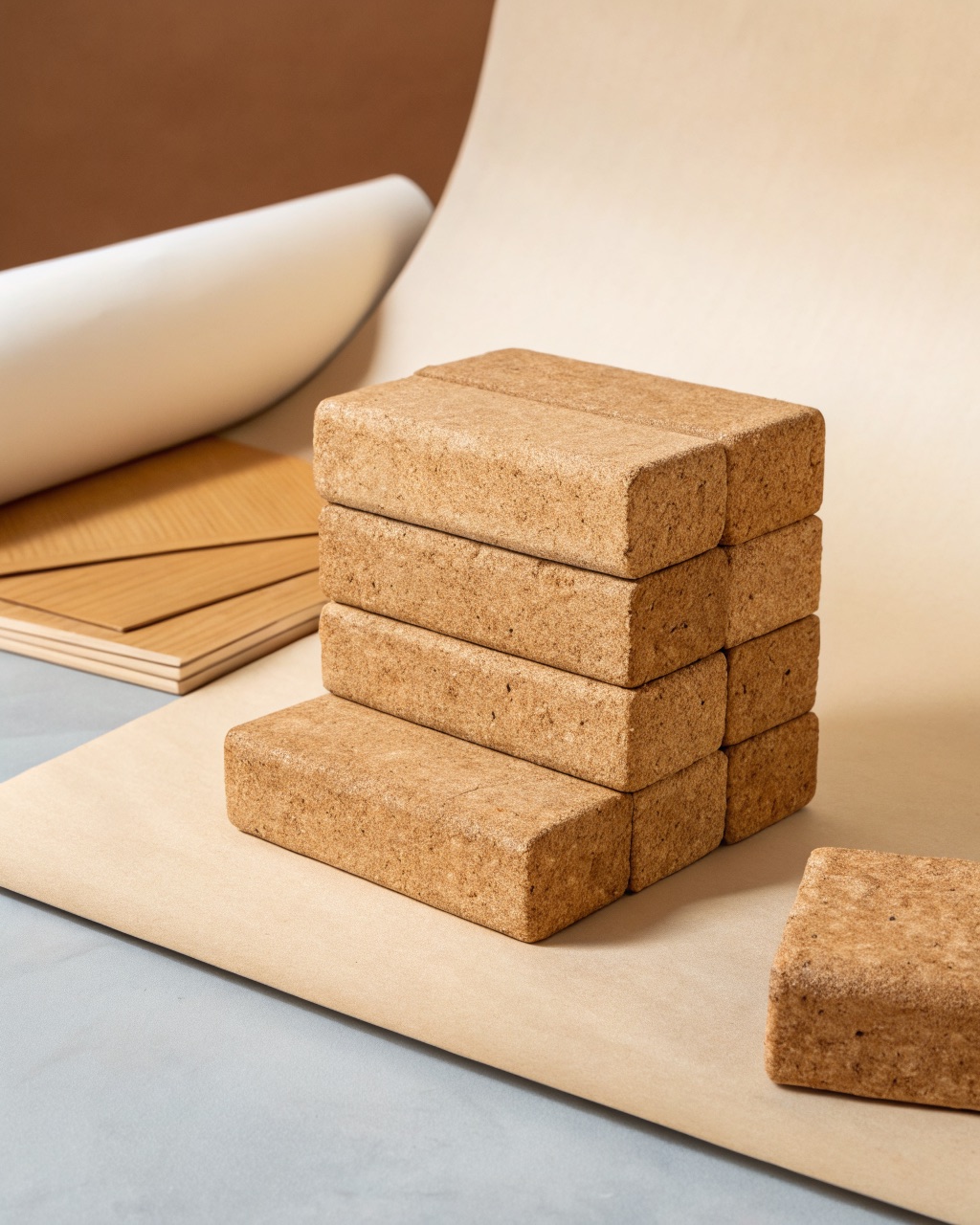 Stack of natural cork rectangular blocks raising a monitor, showing the keyed recesses between each layer