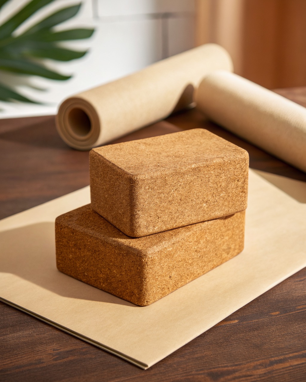 Two natural cork yoga blocks stacked at an offset on a plain background, showing the beveled edges and grain