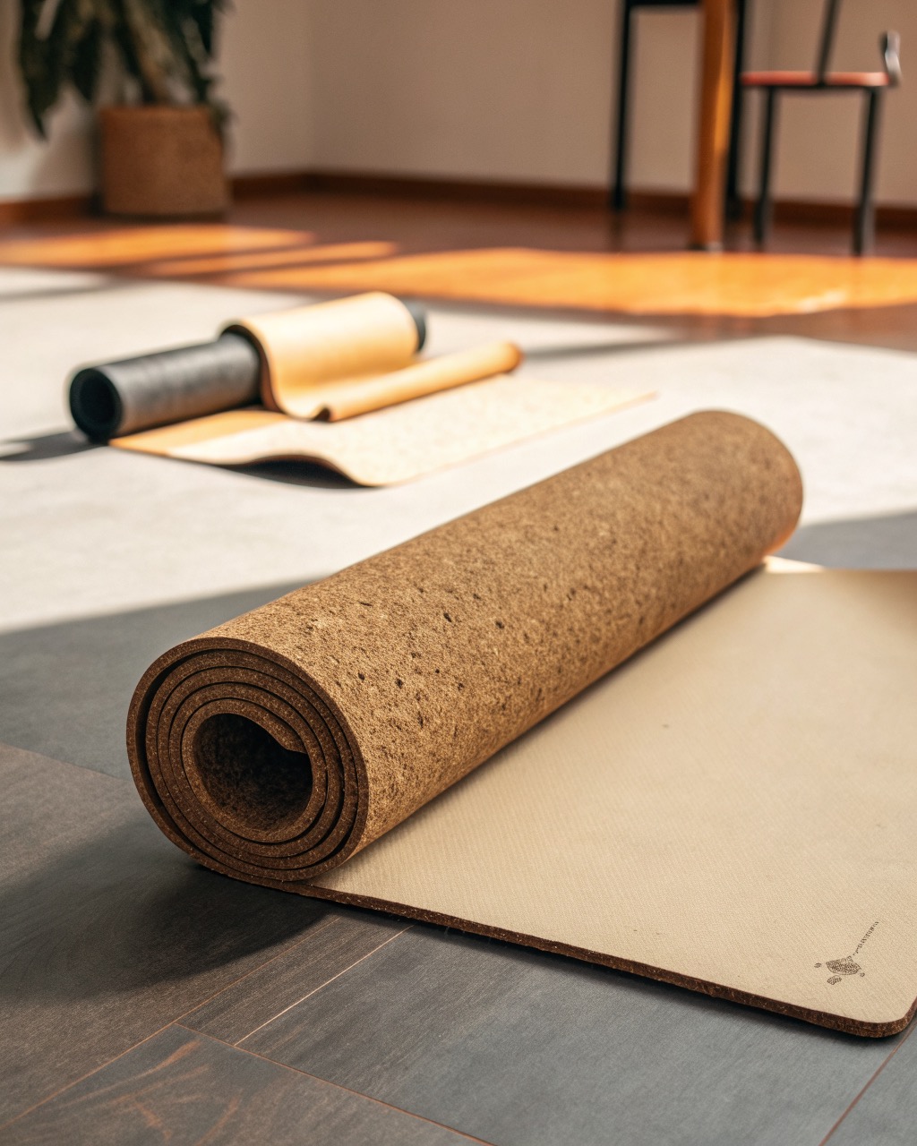 Tan cork yoga mat partially unrolled on a plain floor, showing the cork grain top and dark rubber underside