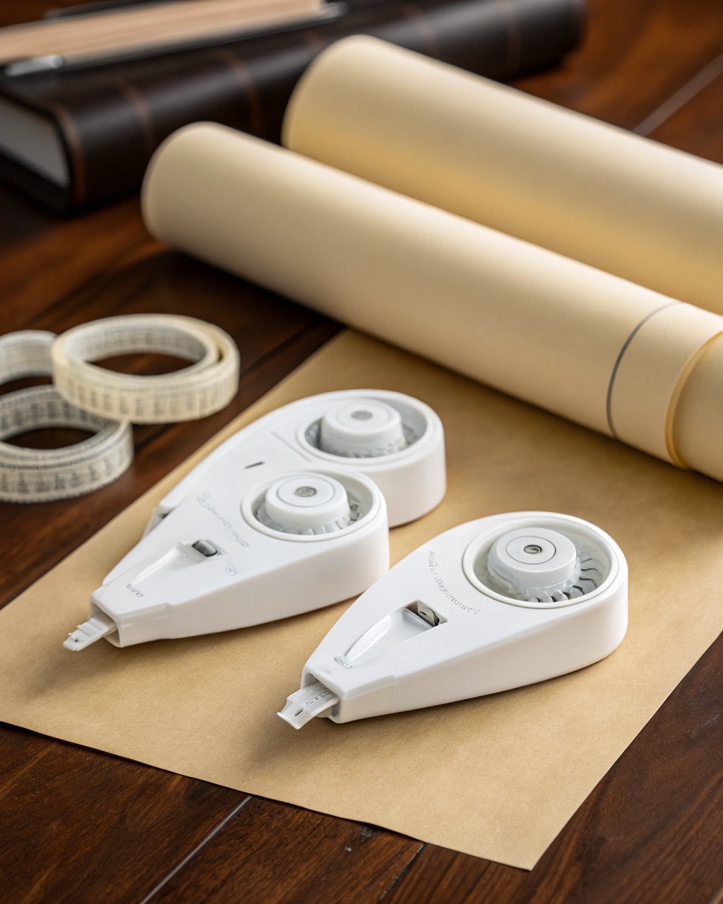 Three white side-applied correction tape dispensers fanned out, one mid-stroke laying an opaque band over a line of handwriting