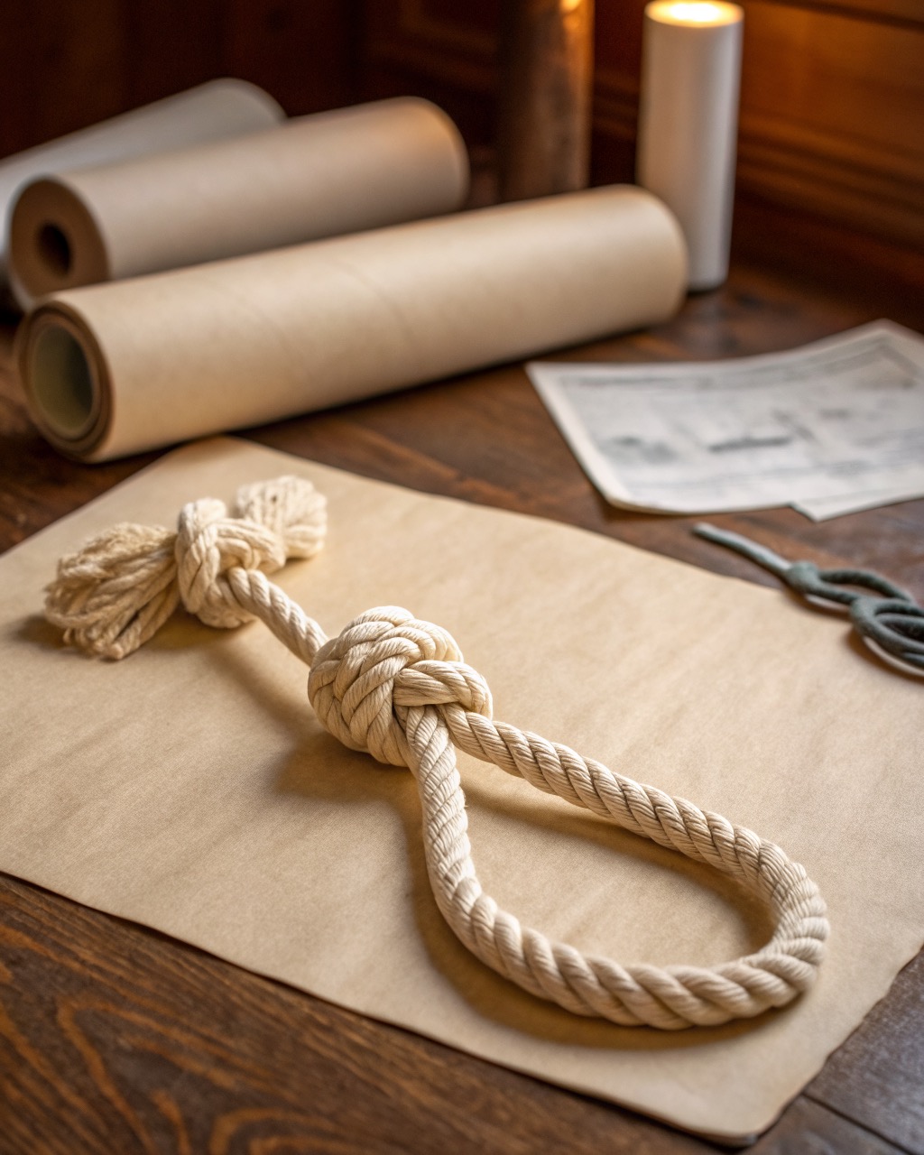 Undyed natural cotton rope dog tug toy with three large knots photographed flat on a white background
