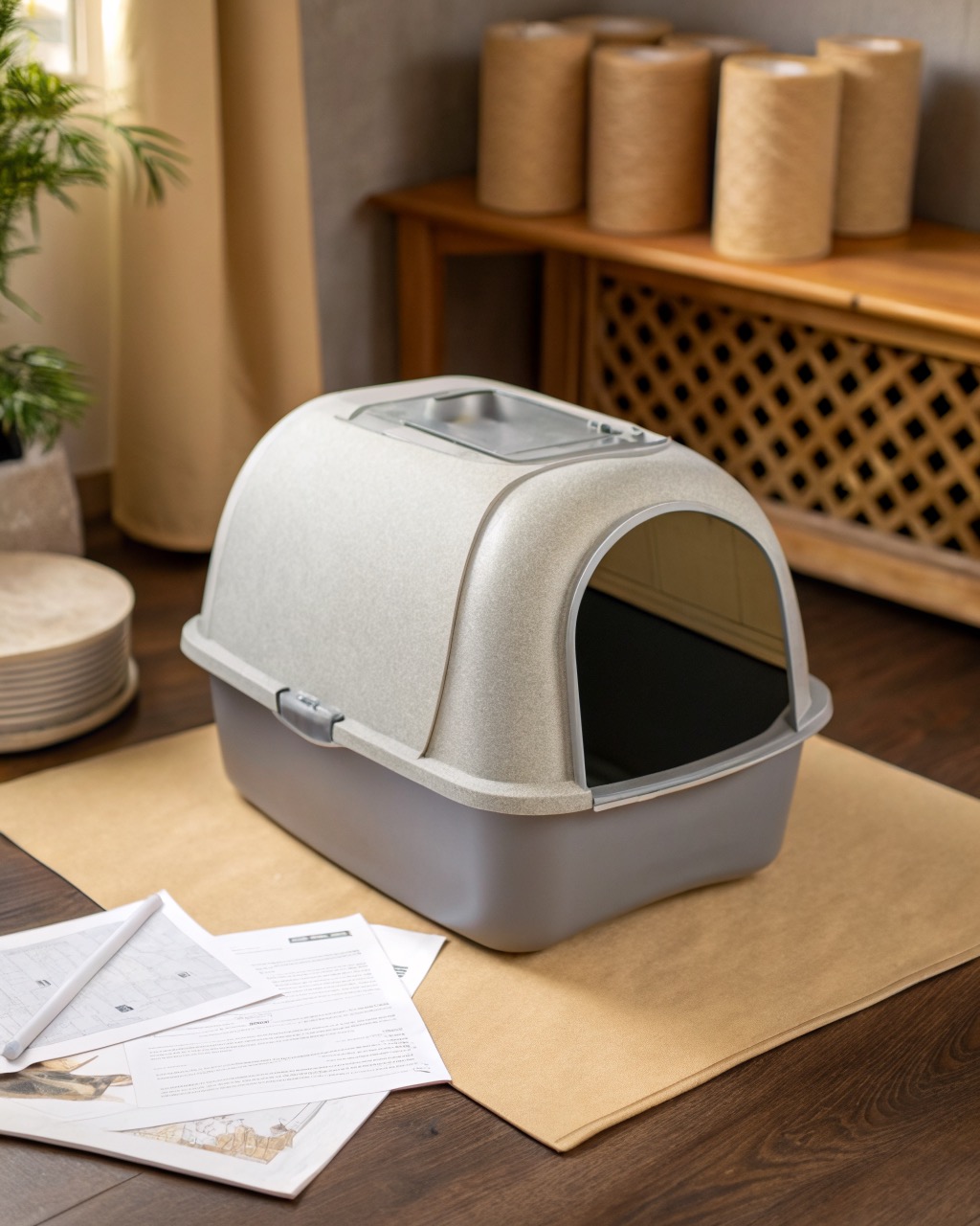 Grey hooded cat litter box with a clear swing flap door and roof vent photographed at a three-quarter angle on a white background