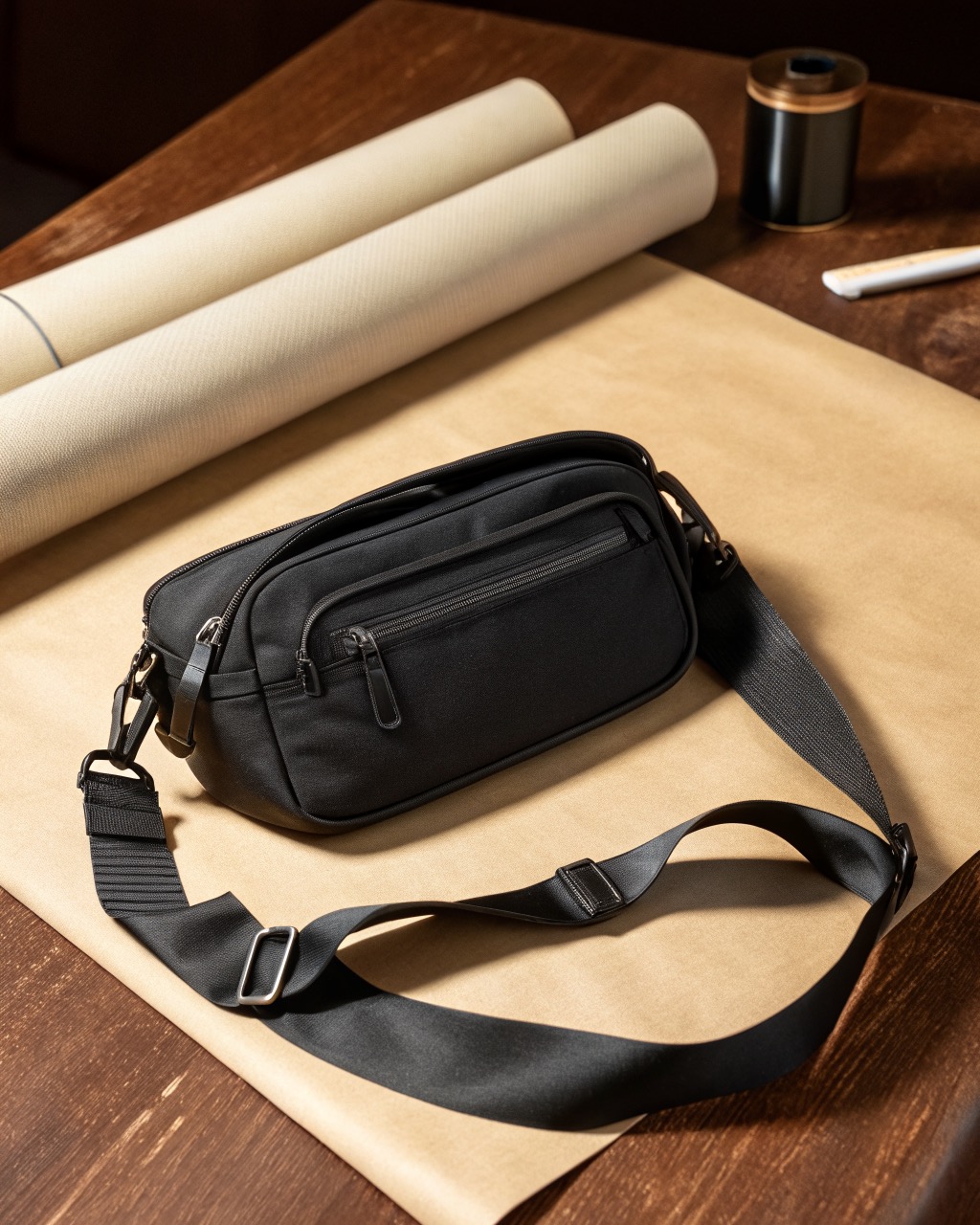 Black coated-polyester crossbody sling bag shown from the front with a slash-resistant strap and a lockable main zip on a plain surface