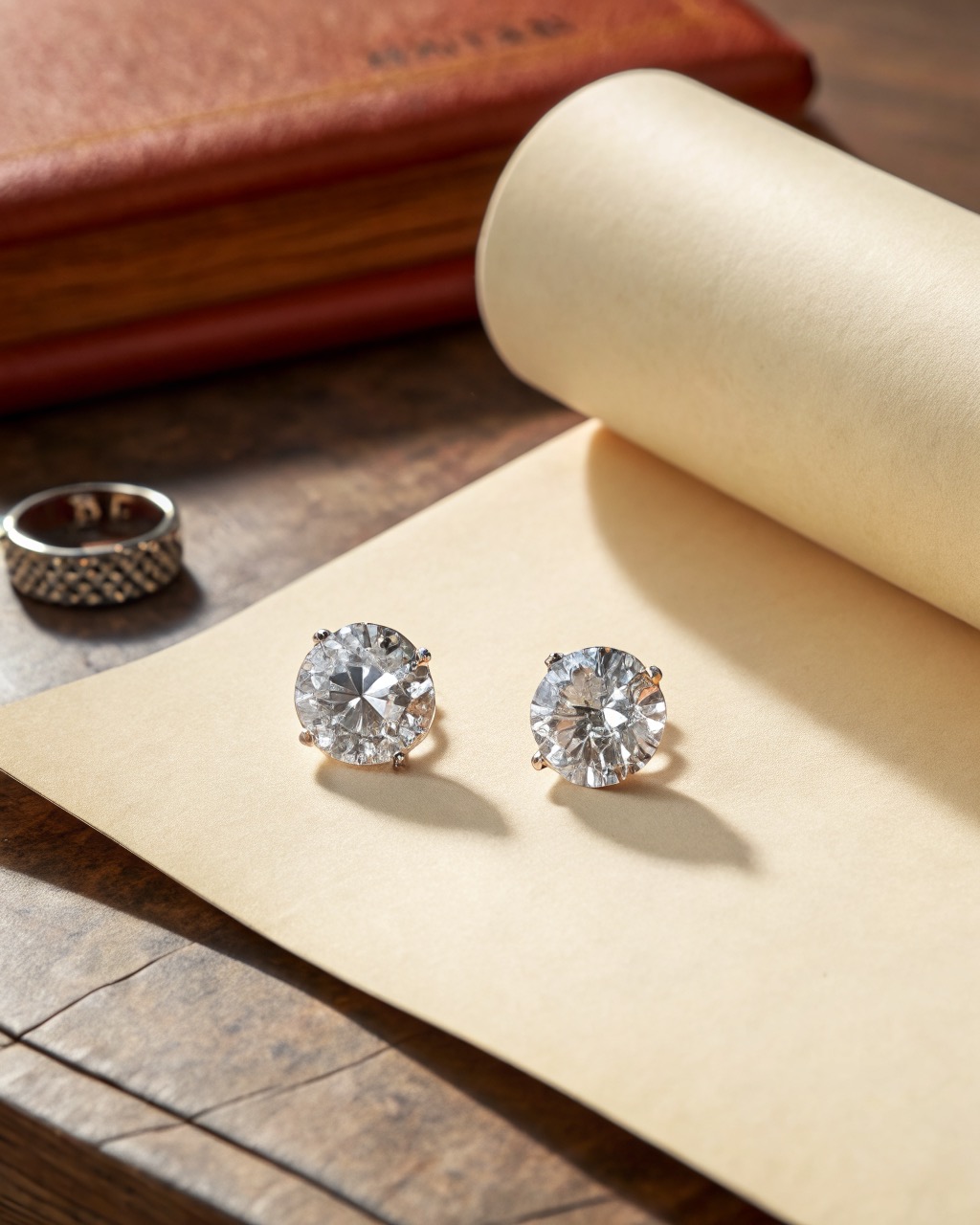 pair of round cubic zirconia stud earrings in silver prong settings on a pale stone surface, stones catching bright points of light