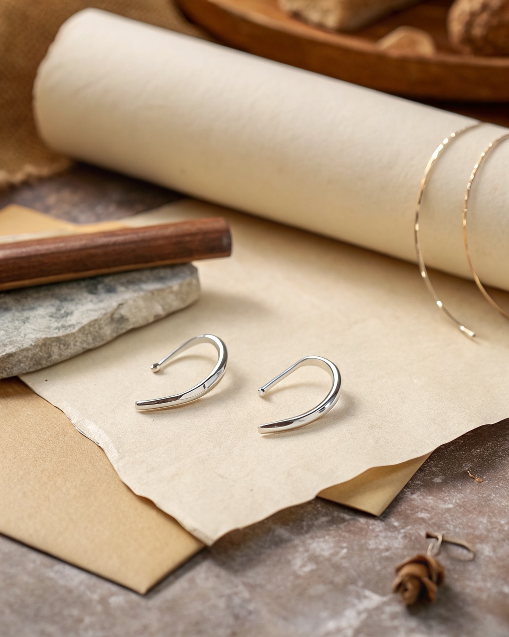 pair of curved sterling silver ear climbers resting on a pale stone surface, slim polished bars with soft reflections