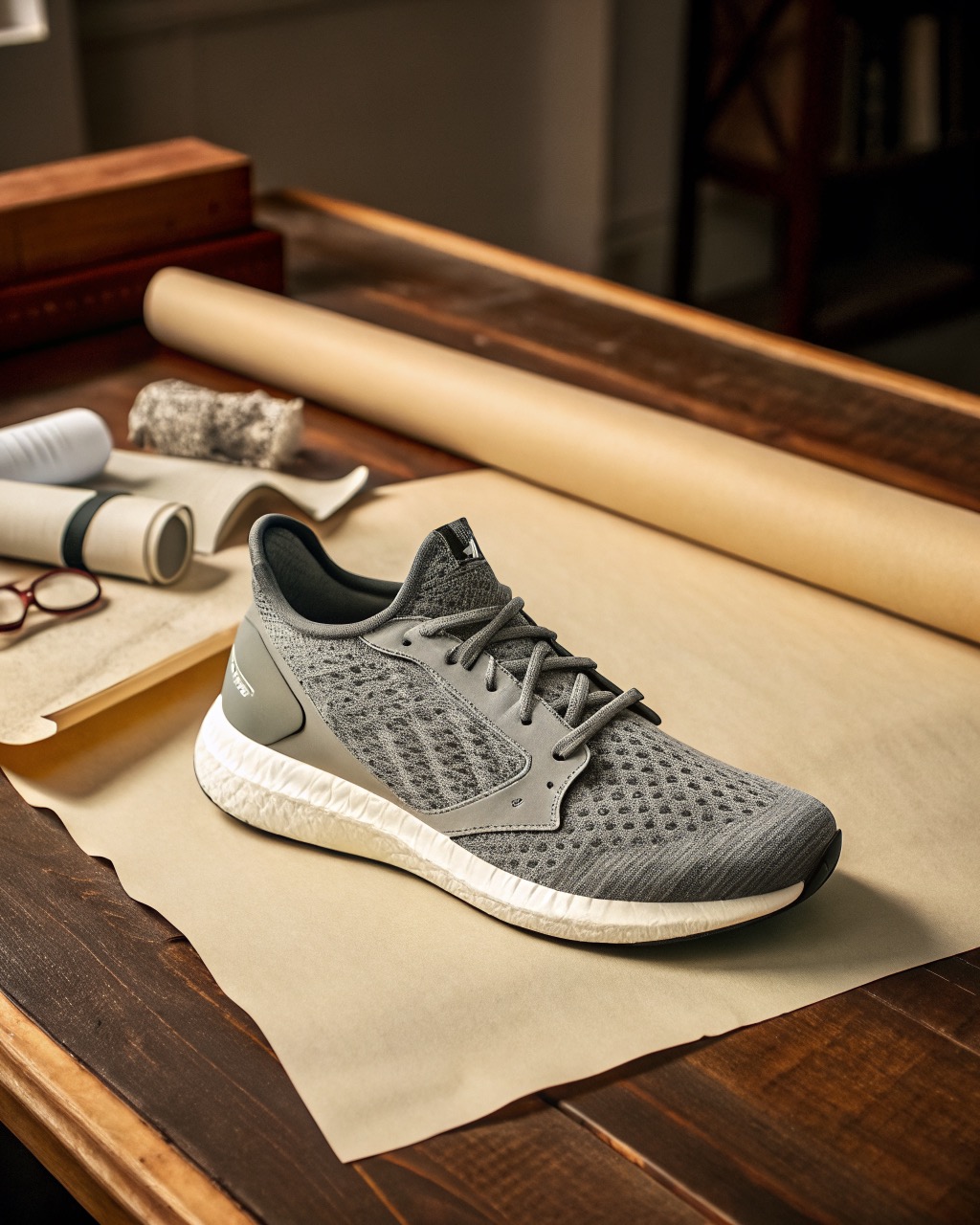 single graphite road running shoe in three-quarter view on a plain pale backdrop, engineered mesh upper, thick white EVA midsole