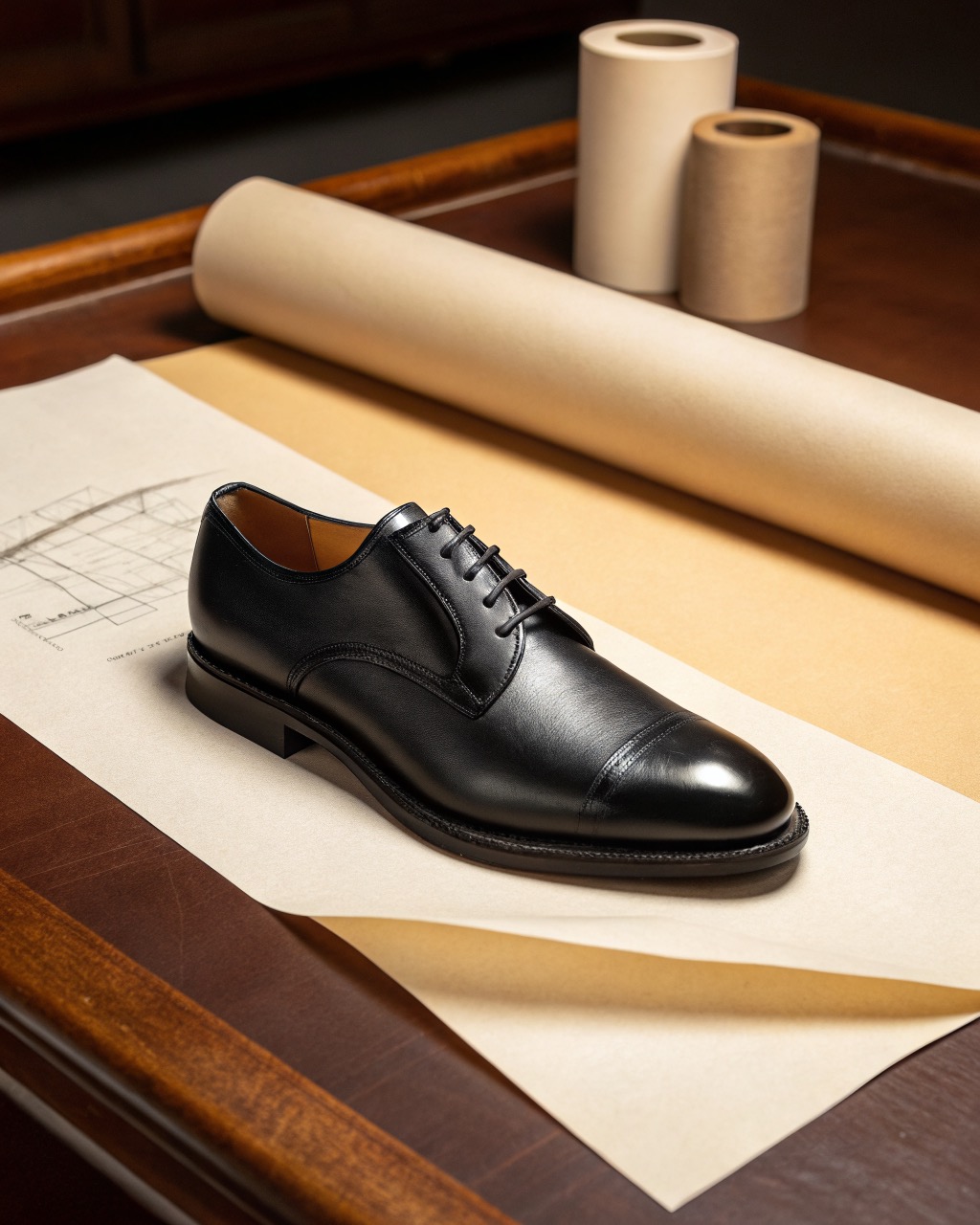 single black calf leather plain-toe derby shoe in three-quarter view on a plain pale backdrop, open lacing and slim leather sole