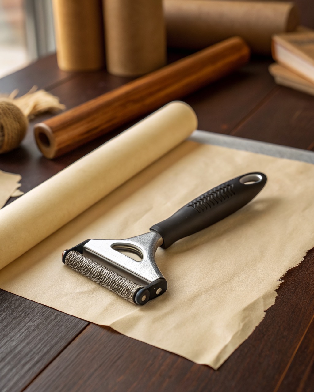 Pet deshedding tool with a stainless steel edge and a black rubberized handle photographed flat on a white background