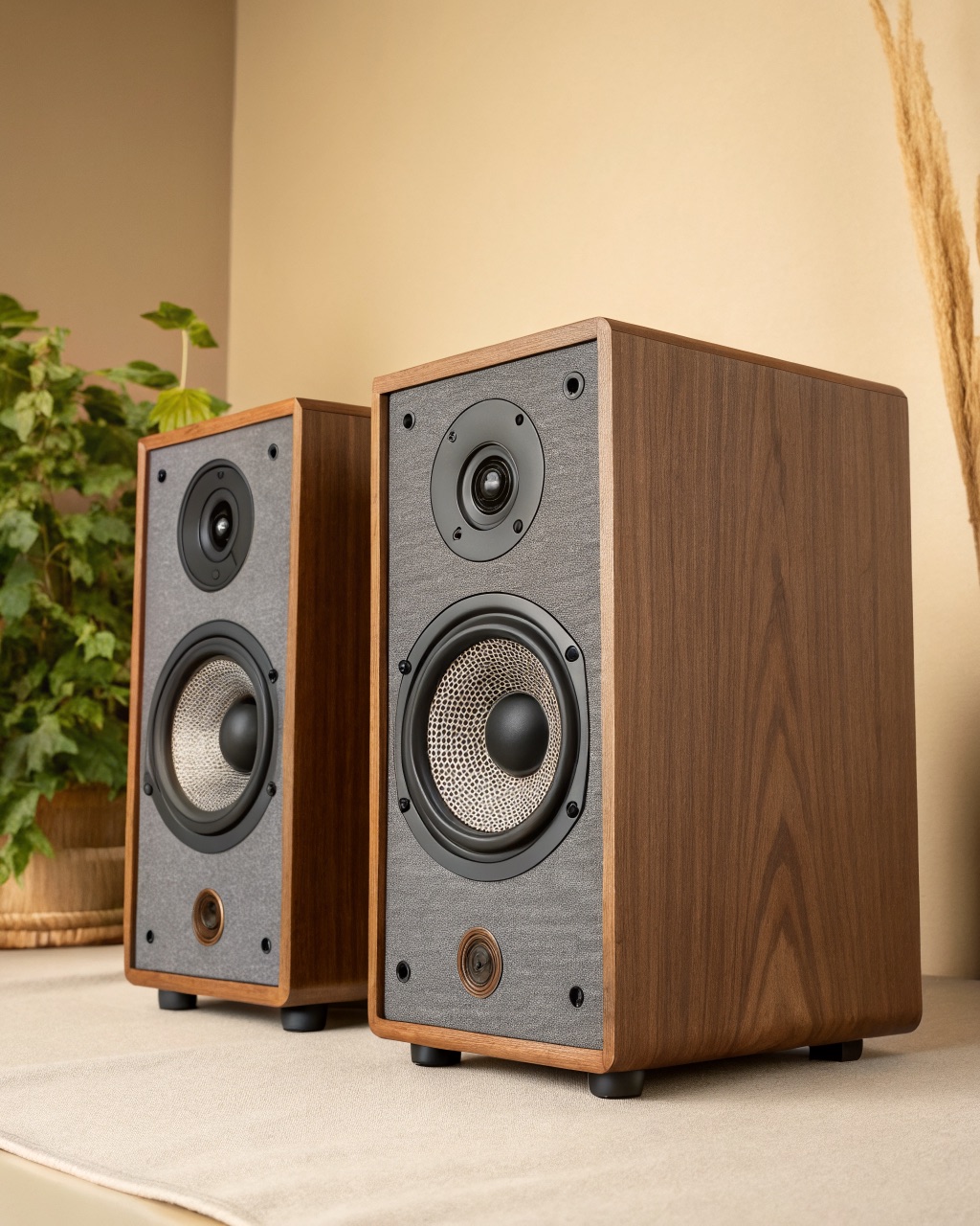 Pair of small powered desktop speakers in matte charcoal ABS with cloth grilles and a front-panel volume knob and headphone jack