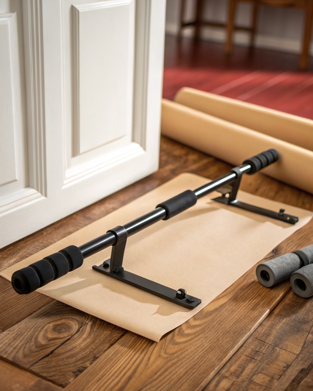 Black steel doorway pull-up bar with foam grips mounted in a plain white door frame, viewed straight on