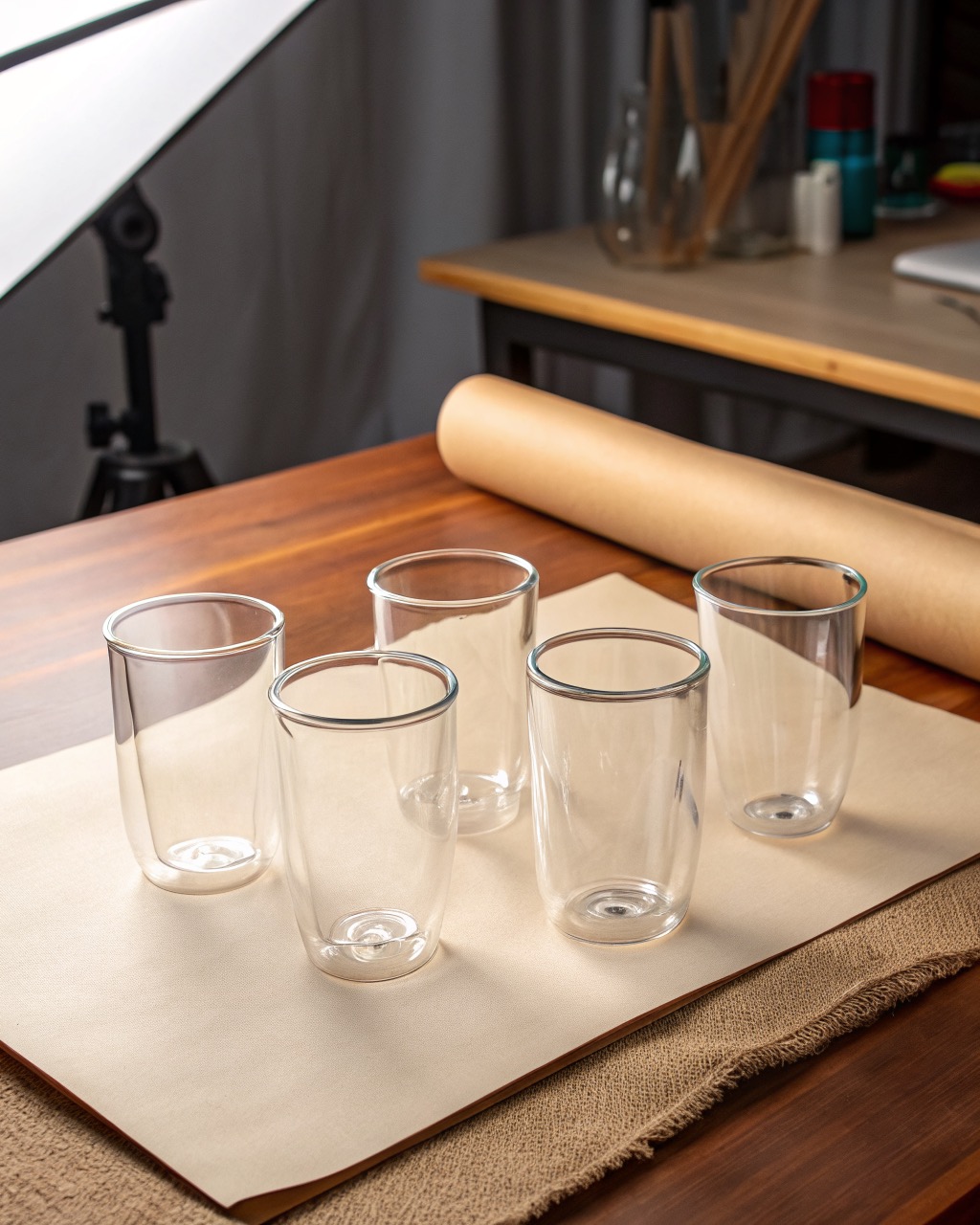 Four clear double-wall borosilicate glass tumblers in a row showing the inner and outer wall, on a white studio background