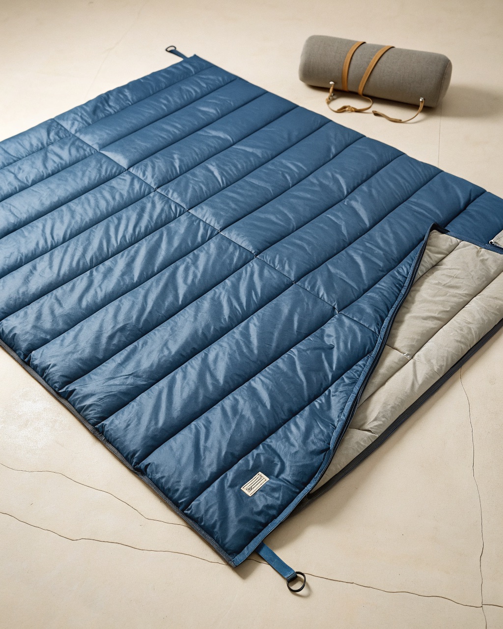 Slate blue down quilt partly unfolded showing horizontal baffles, the sewn footbox, and two grey elastic pad straps