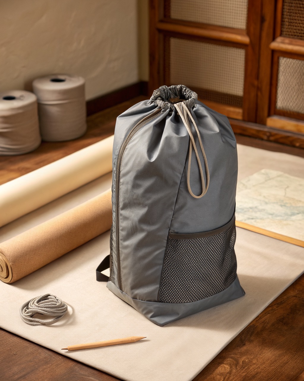 Slate polyester travel laundry bag with mesh side panels shown standing with the toggle drawstring drawn closed on a plain surface
