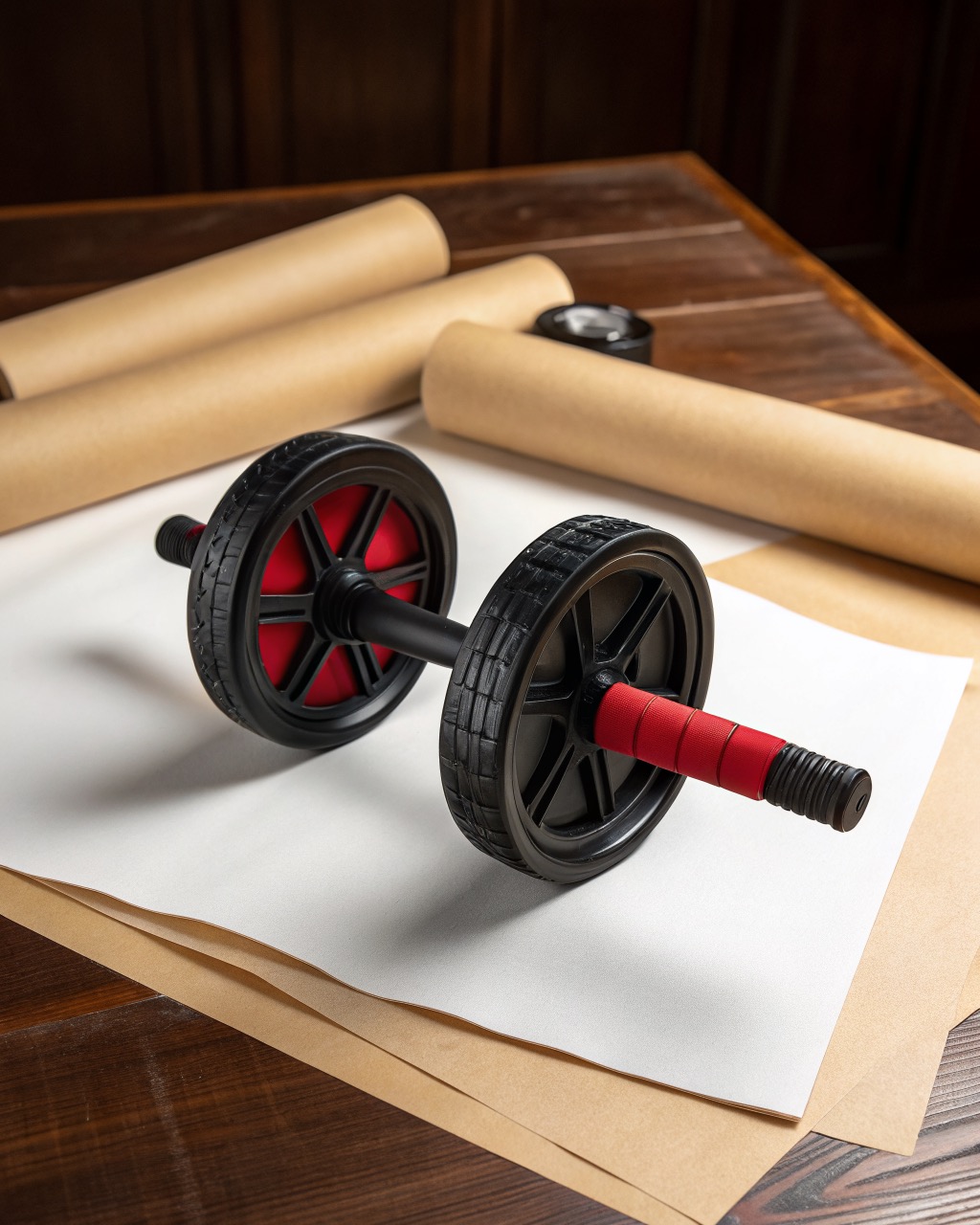 Black twin-wheel ab roller with red foam handles photographed from the front on a white background