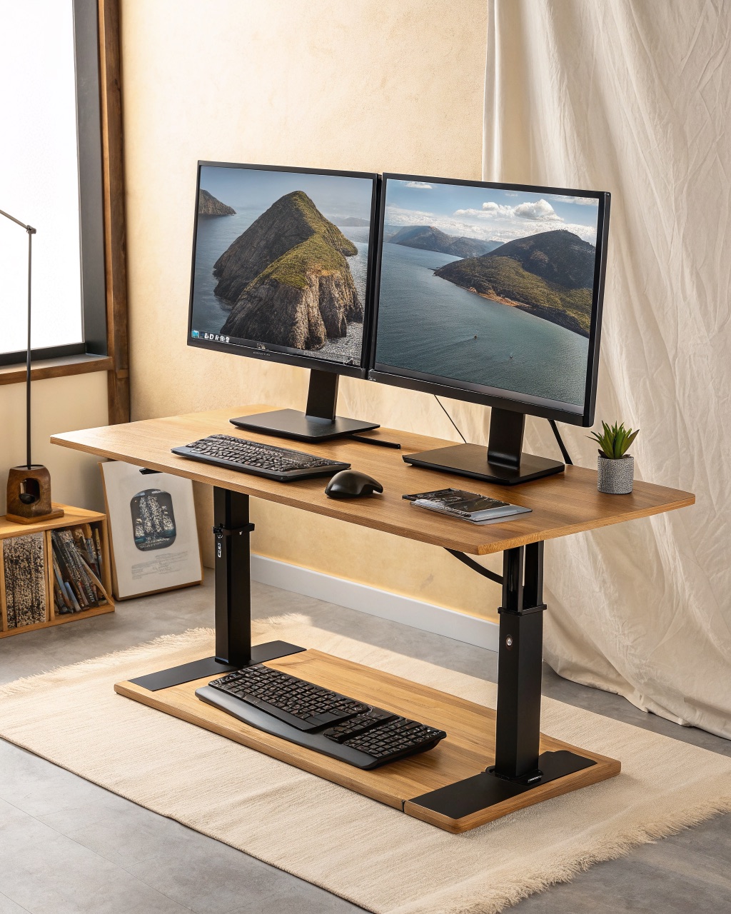 Wide bamboo-ply monitor riser on black steel legs holding two monitors with a keyboard stored on the lower shelf
