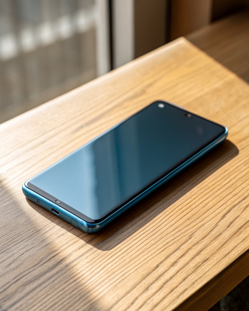Steel-blue smartphone shown with its dual nano-SIM tray ejected beside it, flat OLED screen, dual rear camera, slim metal frame, no logos or branding anywhere