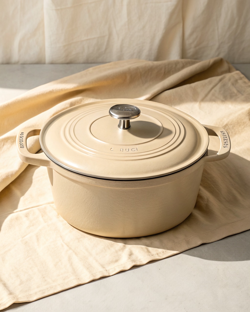 Round sand-colored enameled cast iron Dutch oven with a heavy lid and stainless steel knob, viewed at an angle