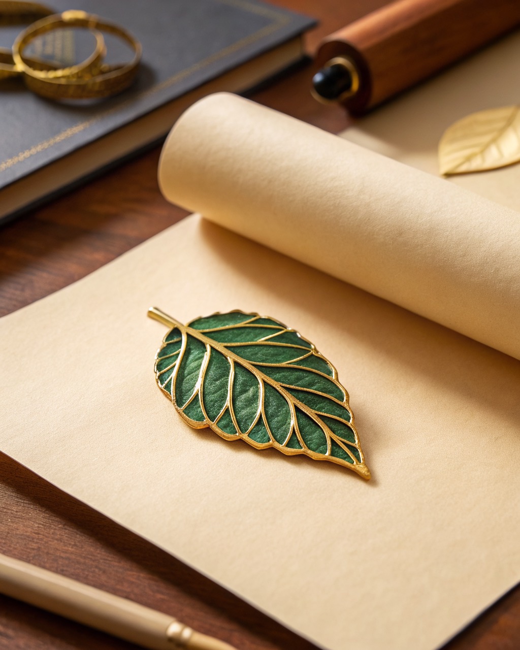 gold-plated leaf brooch with green enamel veins lying on a pale stone surface, warm metal edges catching soft light