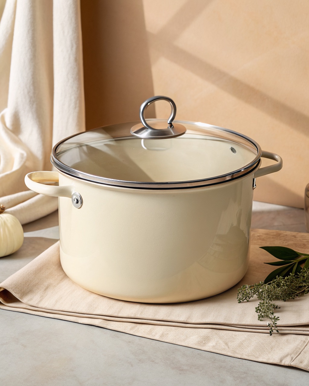 Cream enameled steel stock pot with welded side handles and a clear tempered glass lid, on a white background