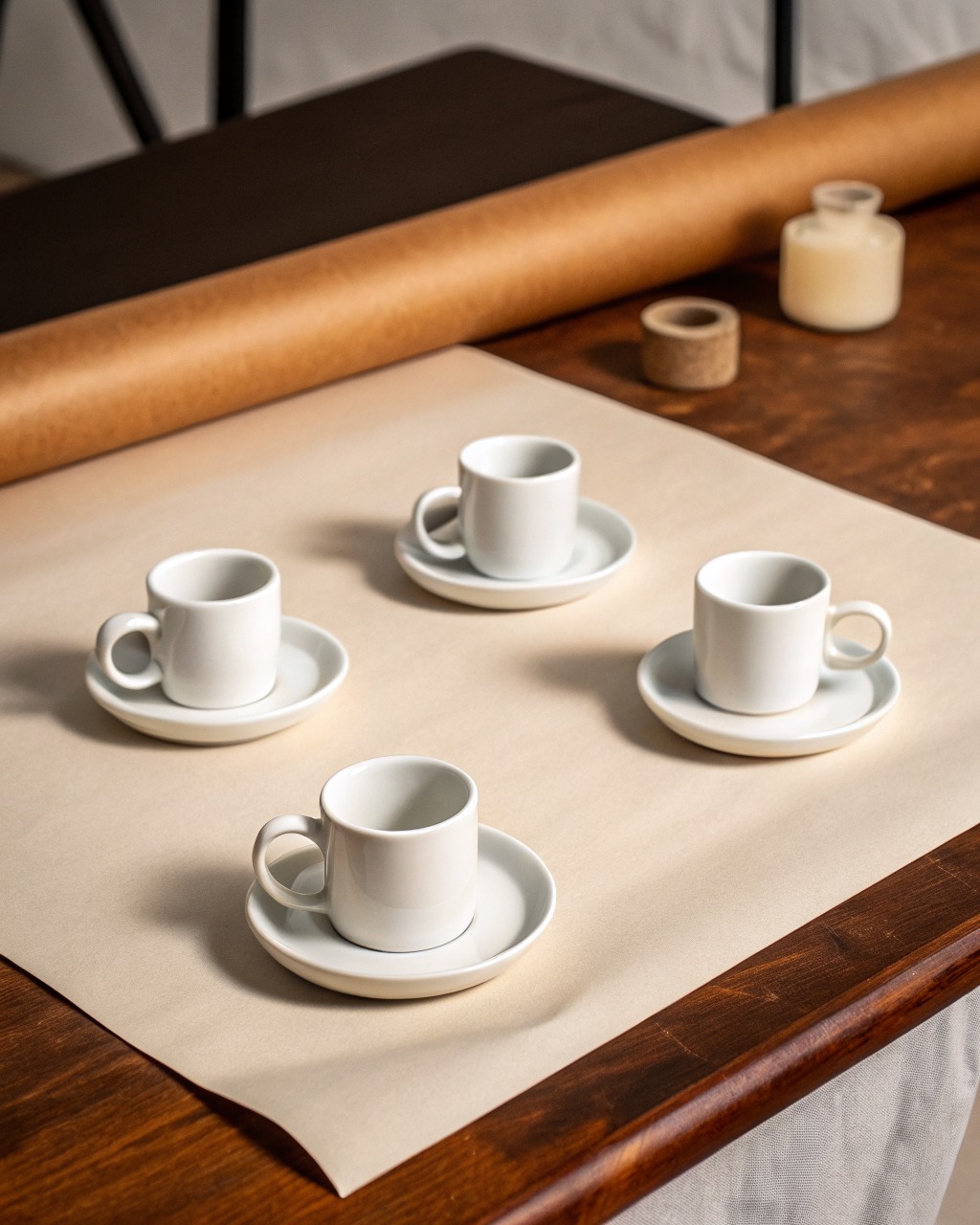 Four small white porcelain espresso cups on matching saucers with thick walls, arranged on a white studio background
