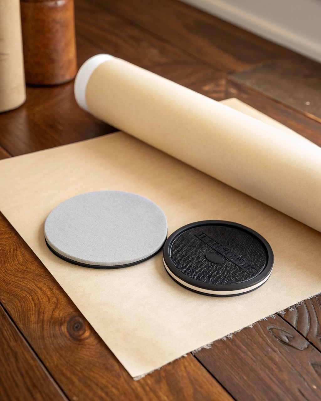 A pair of round dual-sided gliding discs, one showing the gray foam face and one the black plastic face, on a wood floor