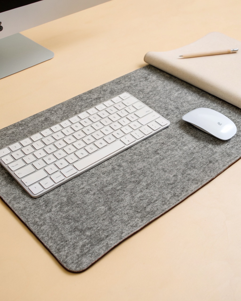 Heather grey wool-blend felt desk mat with stitched edges lying flat under a keyboard and mouse