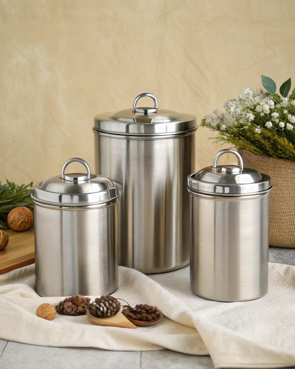 Three brushed stainless steel canisters in small, medium, and large sizes arranged on a kitchen counter