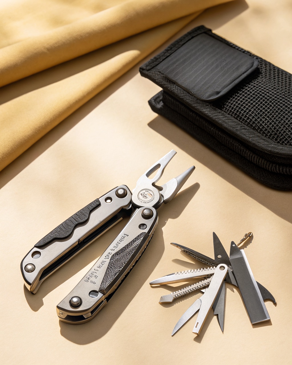 Bead-blasted stainless steel multitool partially open showing needle-nose pliers and several fanned-out blades, with a black nylon sheath