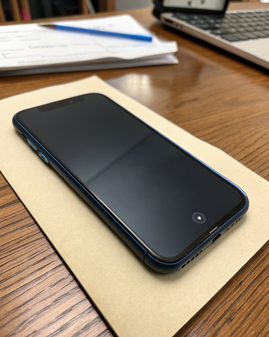 Midnight blue glass-back smartphone photographed front and back, rounded aluminum frame, dual rear camera in top corner, blank screen, no logos or branding