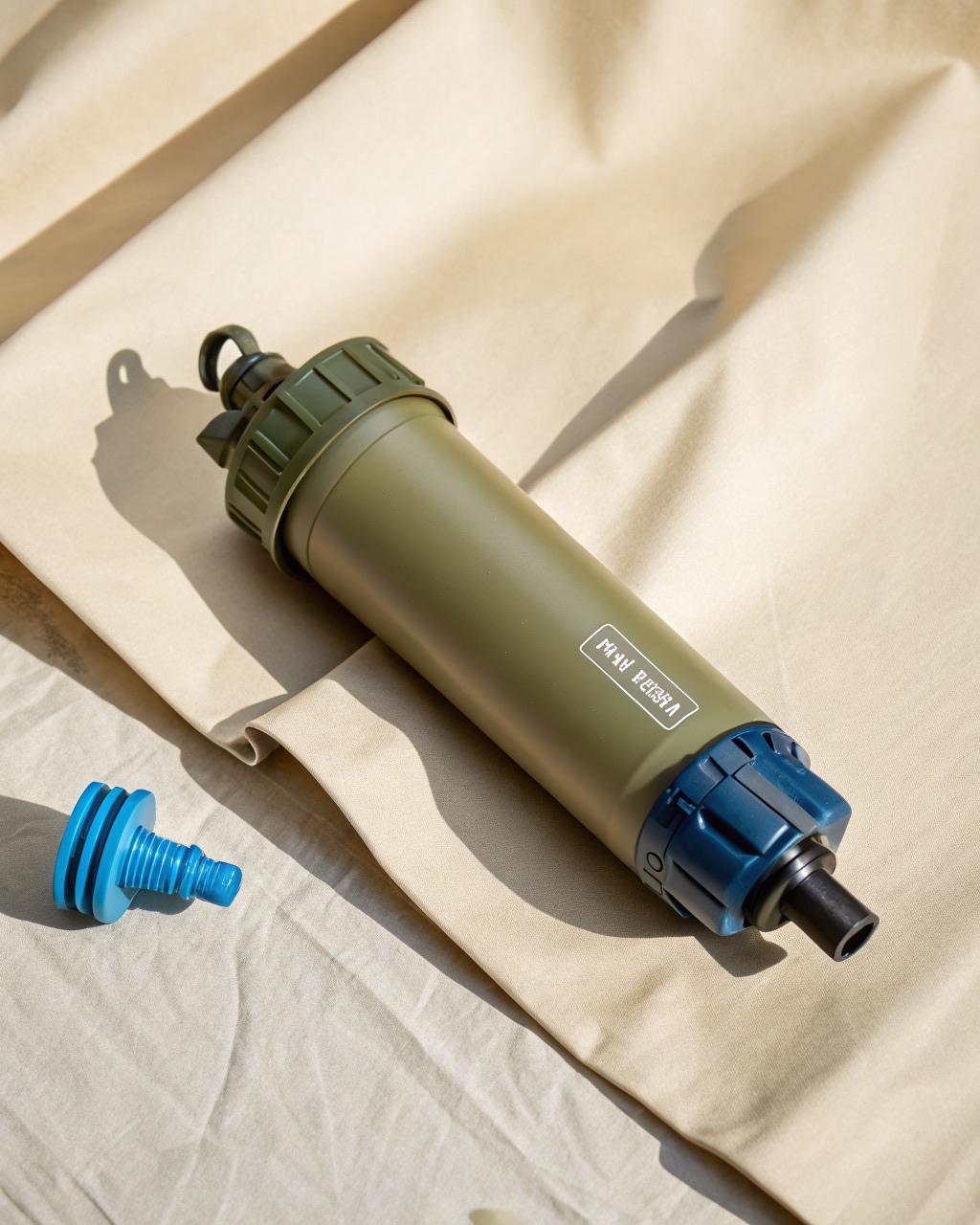 Small hollow-fiber inline water filter with threaded connectors on both ends, shown next to a soft flask