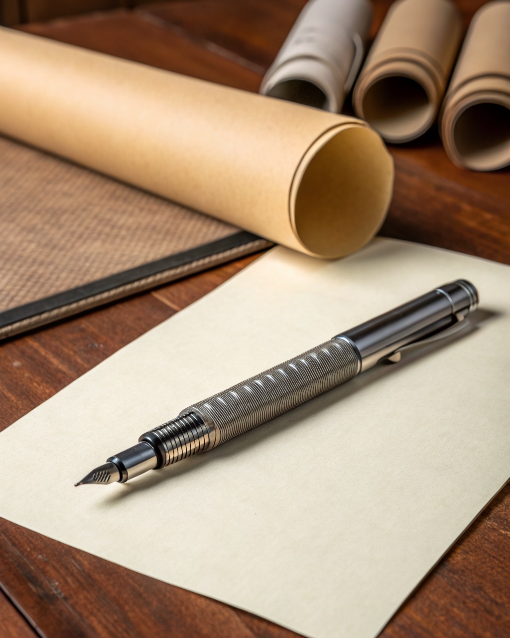 Graphite anodized aluminum rollerball pen lying uncapped, showing the knurled grip section and fine 0.5 mm tip beside its cap
