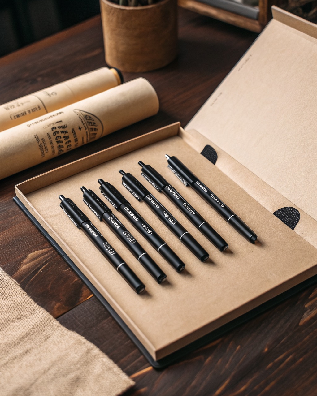 Six black pigment fineliner pens lined up by tip width on an open card tray, each cap labeled with its millimeter size
