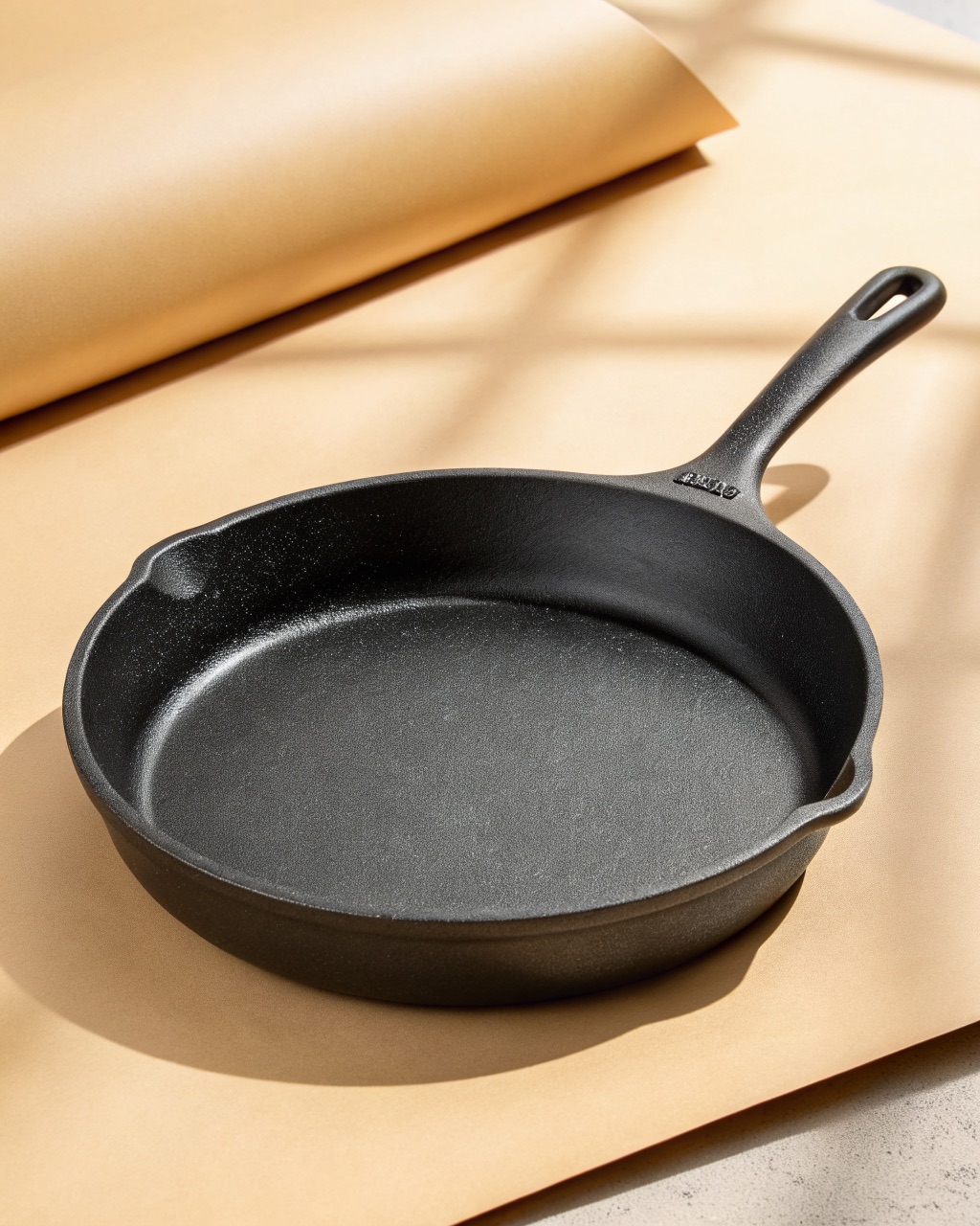 Pre-seasoned cast iron skillet with a helper handle, viewed from above on a wooden surface