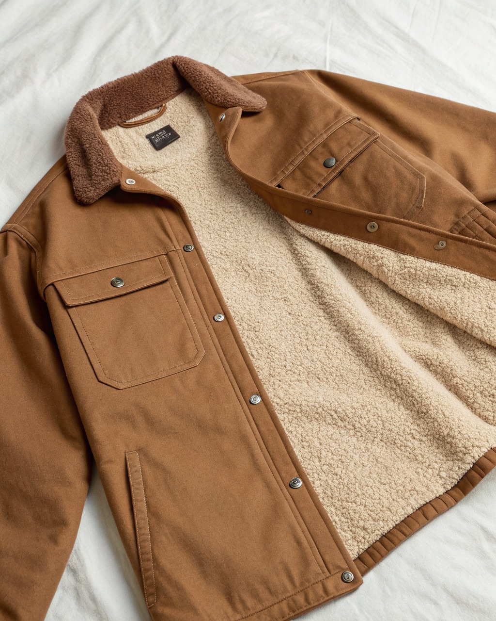 Tobacco cotton-twill overshirt laid open to show the brushed sherpa fleece body lining and flap chest pockets