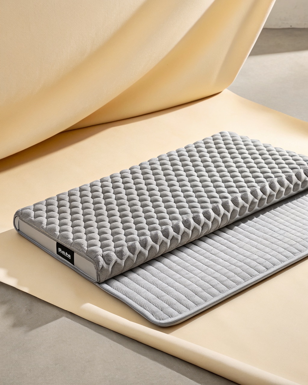 Silver and grey accordion-fold closed-cell foam sleeping pad shown half folded, with molded dimpled cells on the surface