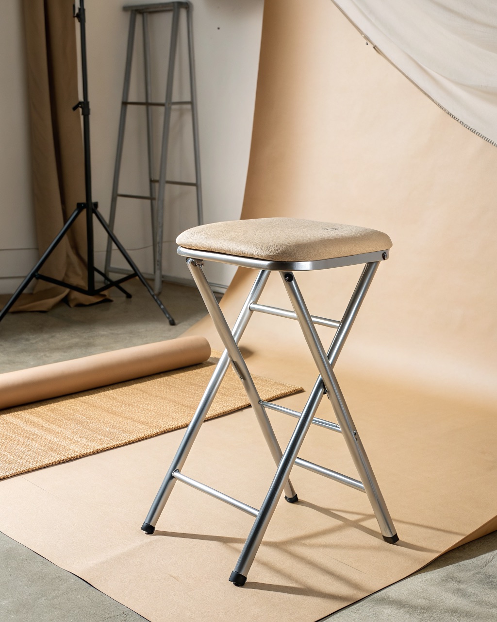 Aluminum camp stool unfolded and standing, with a tan polyester seat