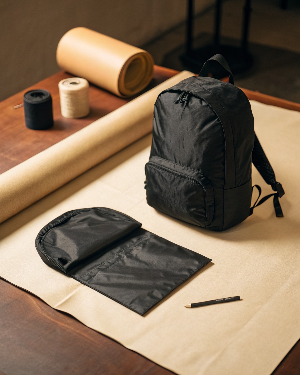 Black ripstop nylon packable daypack shown unfolded and upright next to its fist-sized fold-away pouch on a plain surface