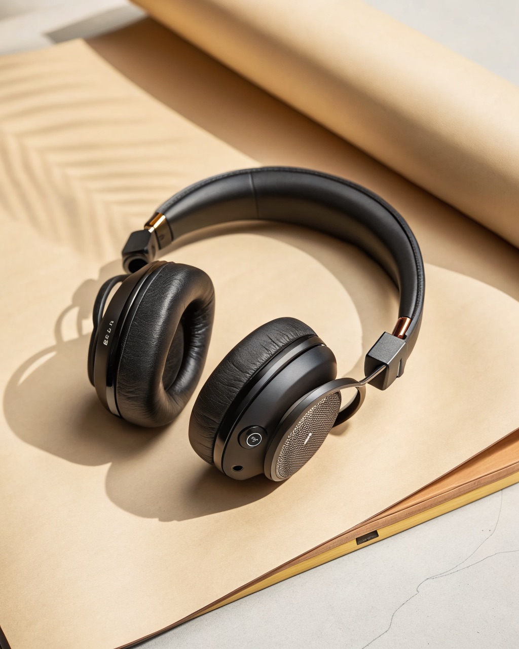 Closed-back over-ear headphones folded flat, showing the memory foam ear cushions