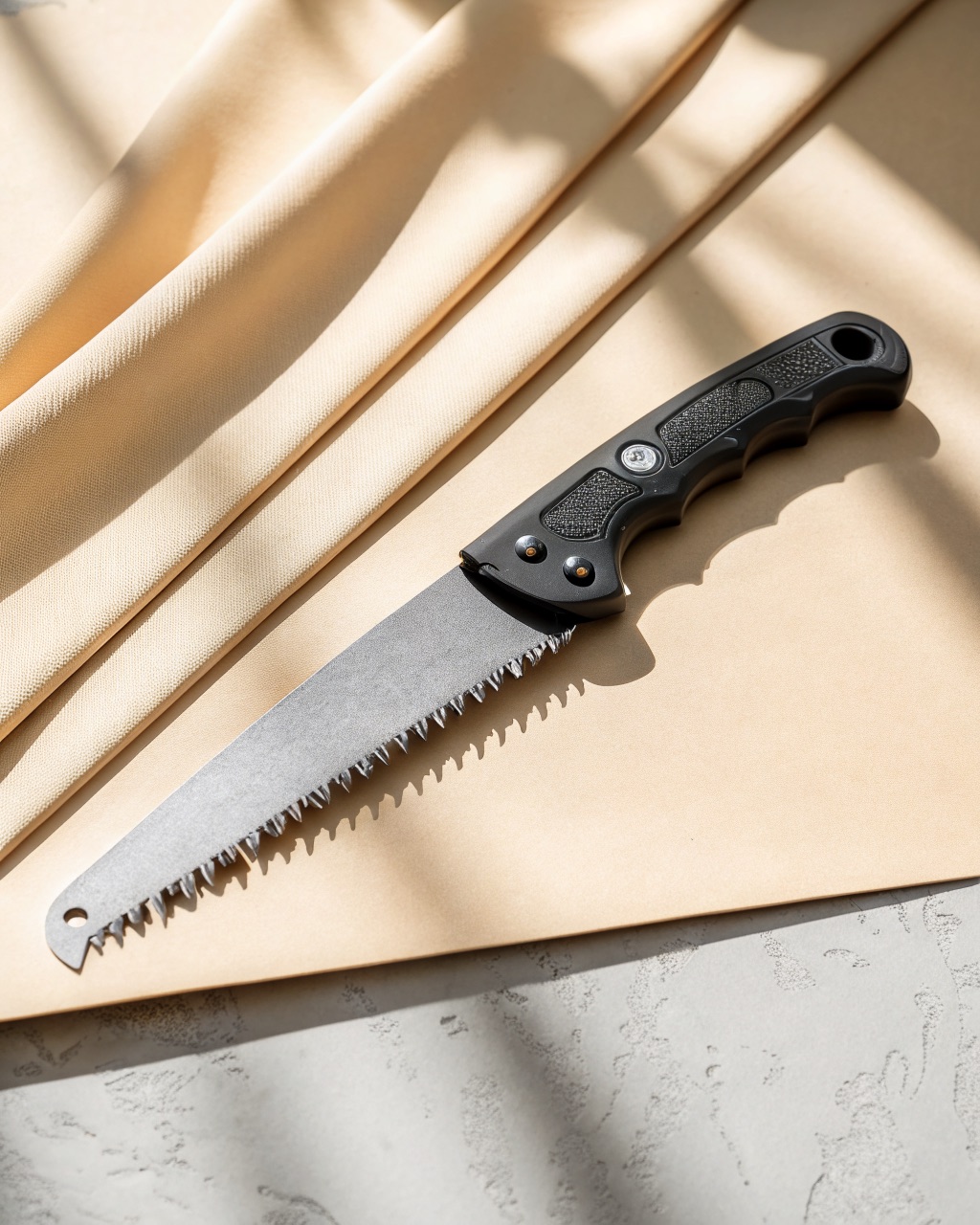Folding saw with a black glass-filled nylon handle and an exposed grey carbon steel blade locked open, resting on cut logs