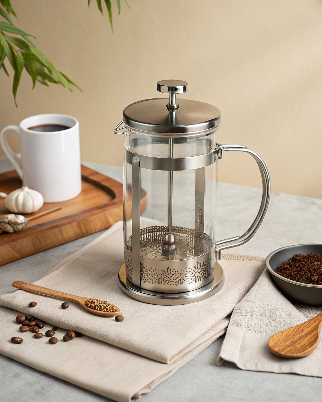 Cylindrical glass French press in a brushed steel frame with a steel plunger and handle, on a white background