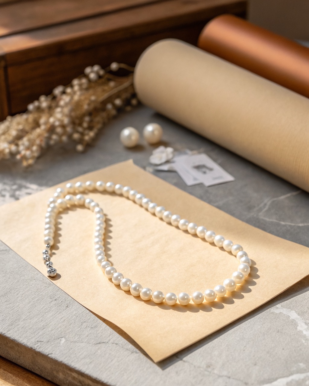 single strand of white freshwater pearls arranged in a curve on a pale stone surface, soft even luster across the pearls