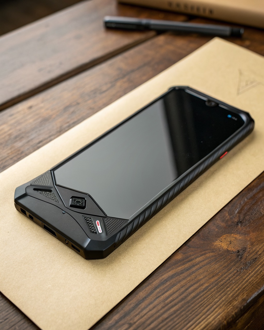 Angular black gaming smartphone held sideways in landscape, glowing lighting on the back panel, dual rear camera, aggressive vents, no branding