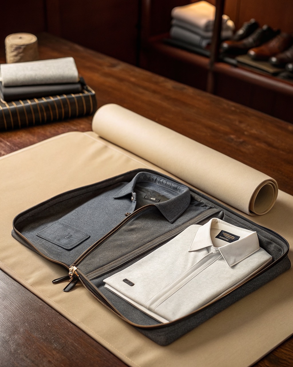 Graphite coated-polyester garment folder shown open with a folding board and a stack of neatly folded shirts inside the zip sleeve