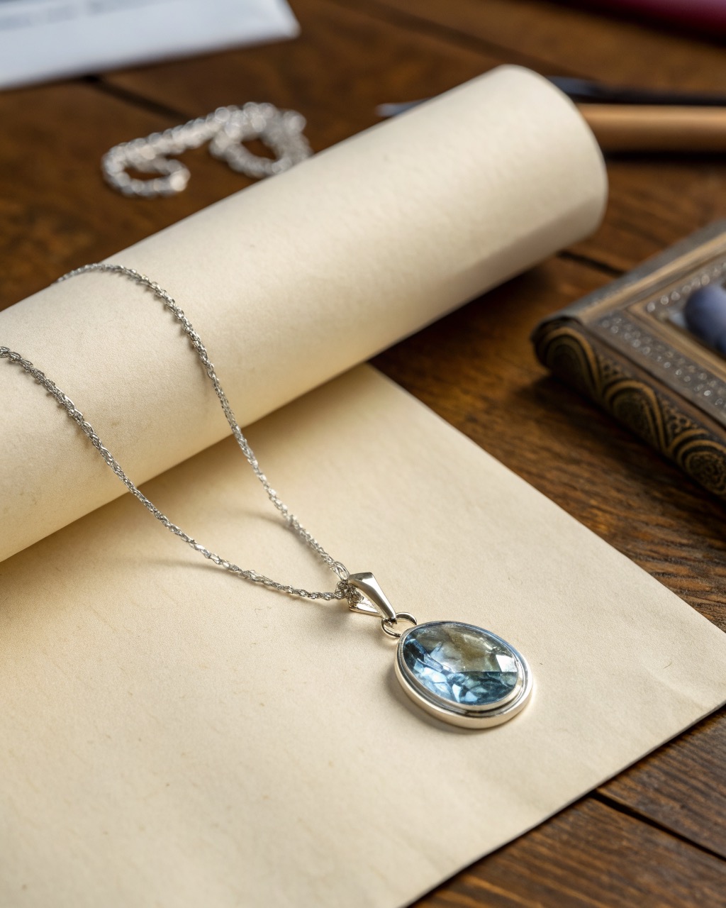 faceted blue topaz drop pendant in a silver bezel on a fine chain resting on a pale stone surface, blue stone catching soft light